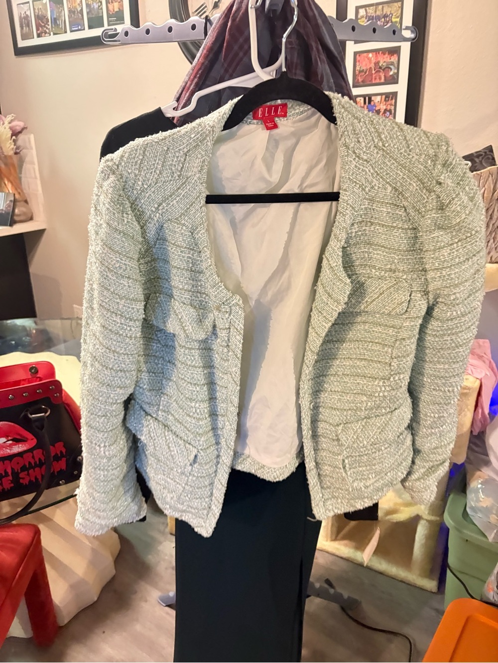 Elle Light Mint Bouclé Open-Front Blazer